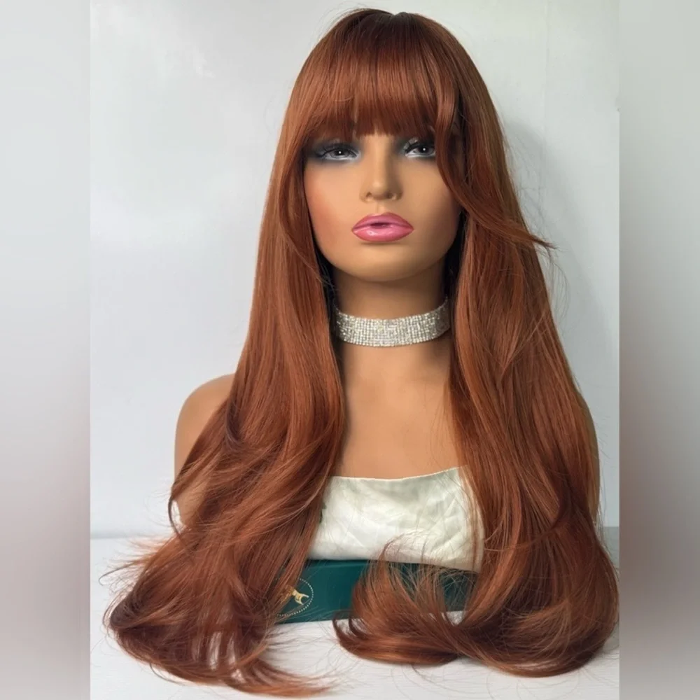 26 Inch Wavy Rusty Brown long hair with bangs Natural looking wig